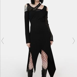 DOLLSKILL/DEVIL FASION/ OPEN SHOULDER BLACK ASYMMETRICAL DRESS&METAL BONE DETAIL